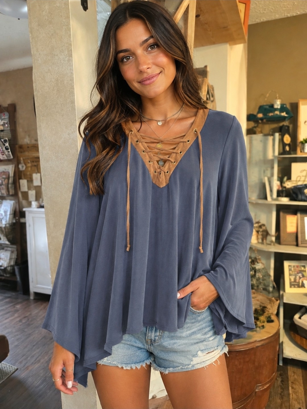 Grace & Lace Slate Blue Lace-Up V-Neck Tunic with Tan Trim